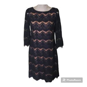 Eliza J. dark navy black lace eyelash fringe knee-length cocktail dress size 8